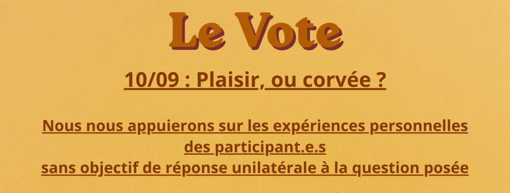 2nde Conversation sur l’expérience de votant.e.s -> Plaisir, ou Corvée ? Début 19H30