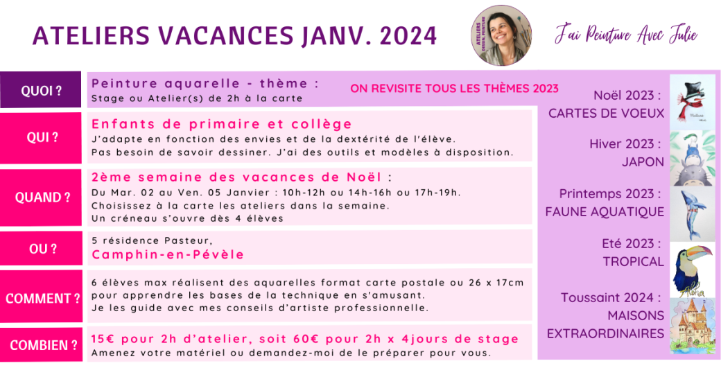 Ateliers aquarelle des Vacances en Janv. 2024