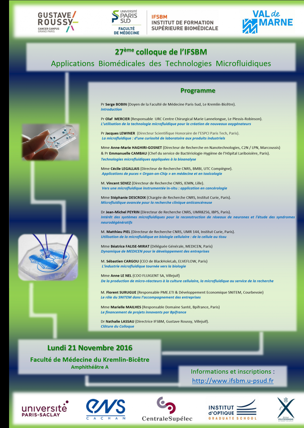 Colloque IFSBM 2016 : Applications biomédicales des technologies microfluidiques