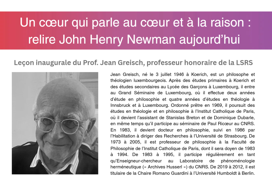 Leçon inaugurale du Prof. Jean Greisch, professeur honoraire de la LSRS