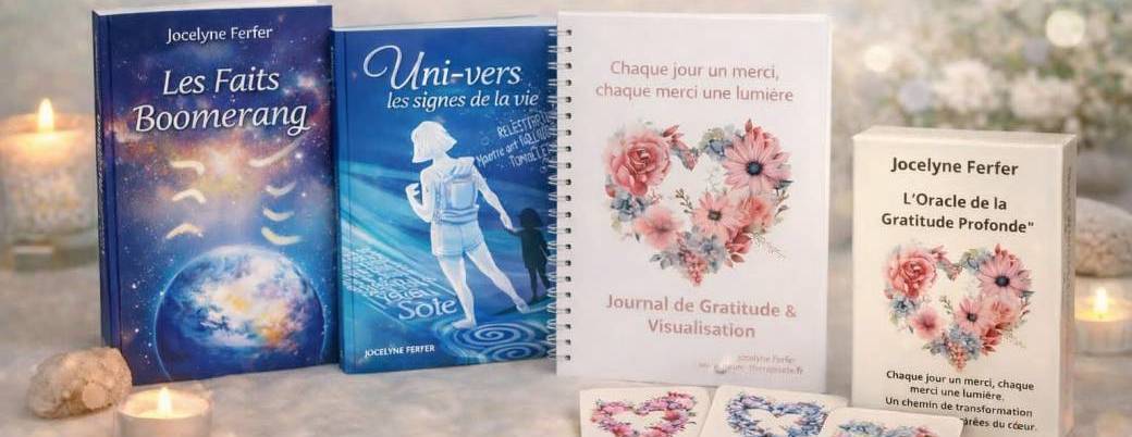 Livres, journal, carte de gratitude par Jocelyne Ferfer