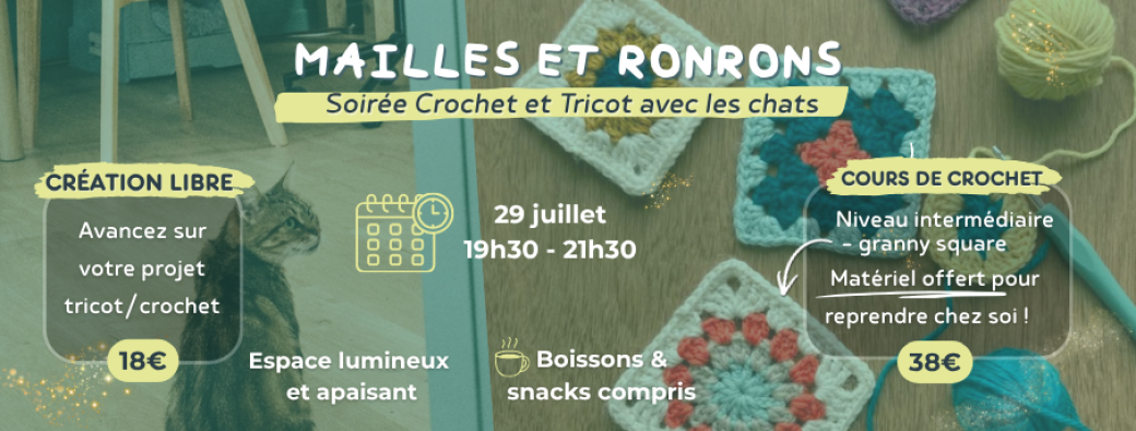 Soirée Crochet, Tricot et Chats - Cours crochet et session libre