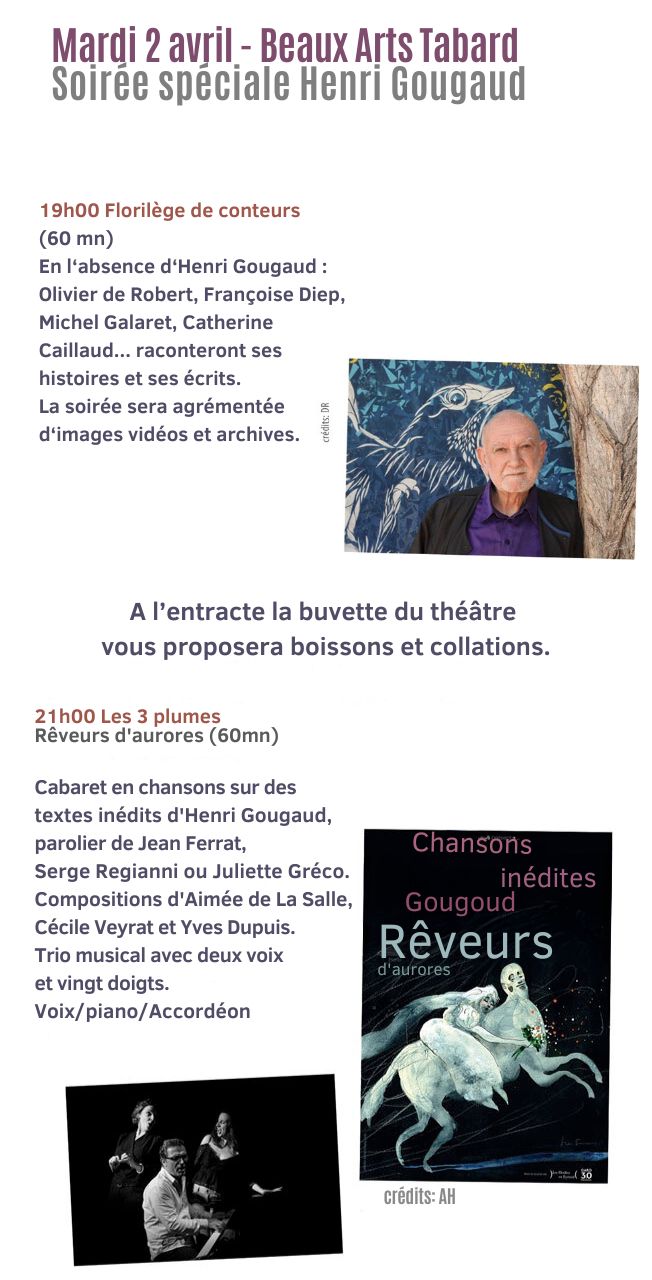 19h00 Florilège de conteurs  (60 mn)  Olivier de Robert, Françoise Diep, Michel Galaret, Catherine Caillaud... raconteront ses histoires et ses écrits.  La soirée sera agrémentée d‘images vidéos et archives