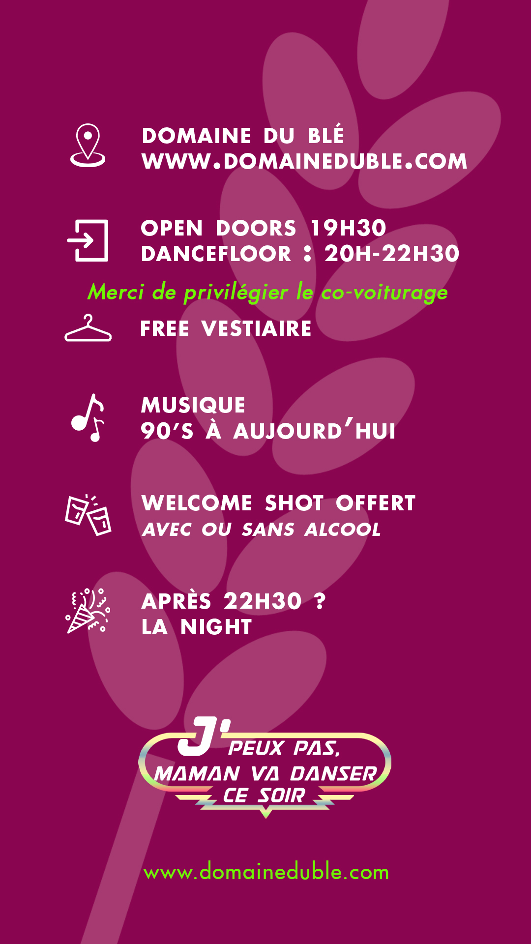 Fini d’attendre minuit pour faire la fête grâce à « J’peux pas, Maman va danser ce soir ». C’est l’occasion de se retrouver de 20h à 22h30 uniquement entre filles, Maman ou pas, pour faire la fête et d’envahir le dancefloor sur de la musique des 90’s à maintenant. Sans Papa et sans enfants, ce vendredi 19 septembre, on vient entre copines et pour décompresser. Réservé à toutes les Mamans et toutes les femmes . . .